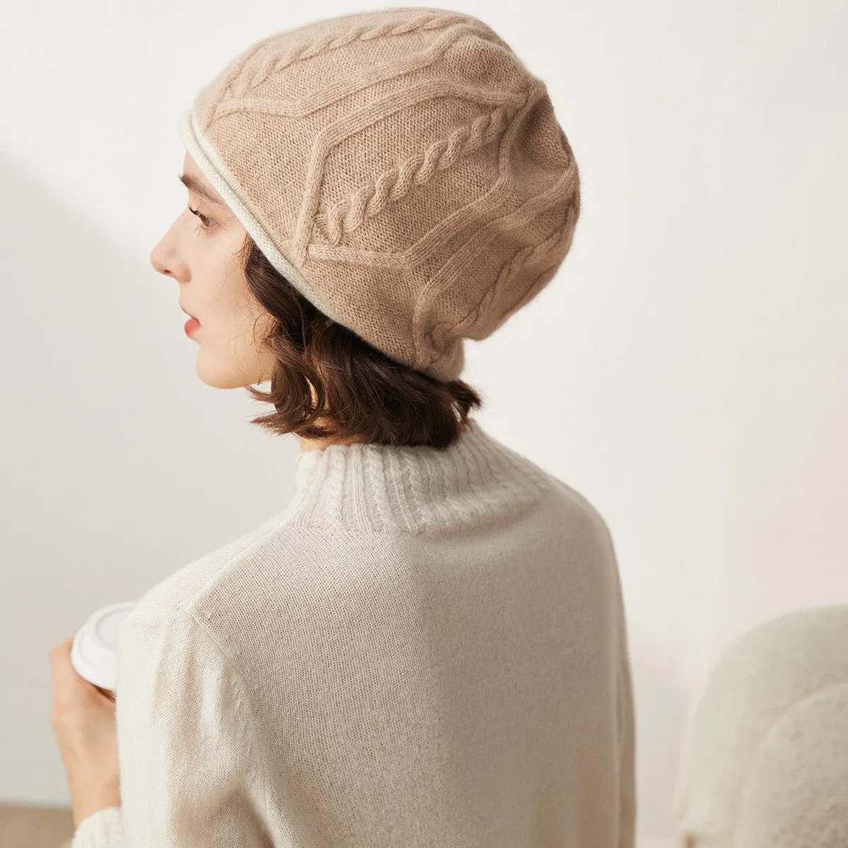 100% Cashmere Cozy and Stylish Cable Knit Beanie