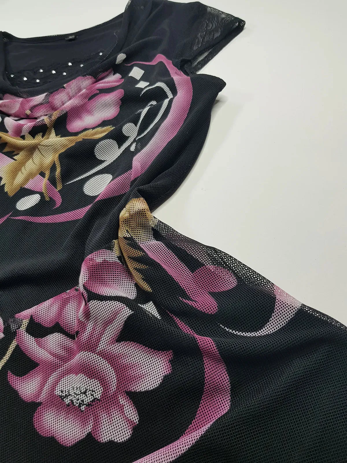 1990s Sexy Vintage Whimsical Dark Garden Fairy Dress - Mesh Cowl Neck - Tailored Beautifully- Handkerchief Hemline - Lace & Rhinestone Bust - Insane Floral Print