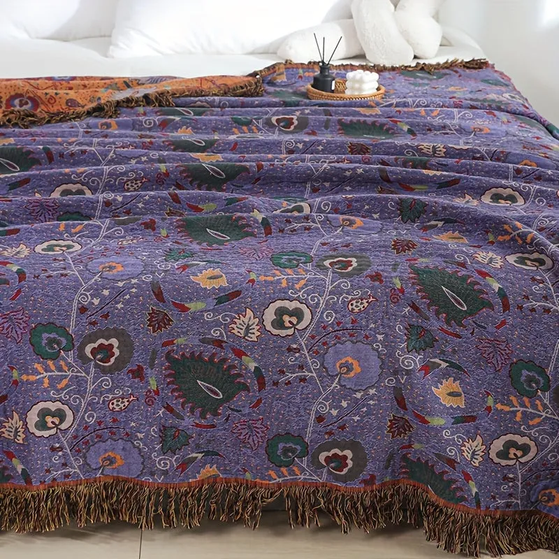 1pc Bohemian Floral Throw Blanket With Tassel, Peacock Pattern, Soft Comfort, Versatile For Napping Air Conditioning Couch Cover