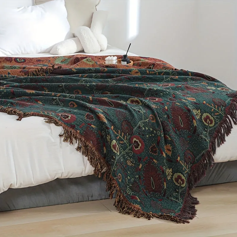 1pc Bohemian Floral Throw Blanket With Tassel, Peacock Pattern, Soft Comfort, Versatile For Napping Air Conditioning Couch Cover