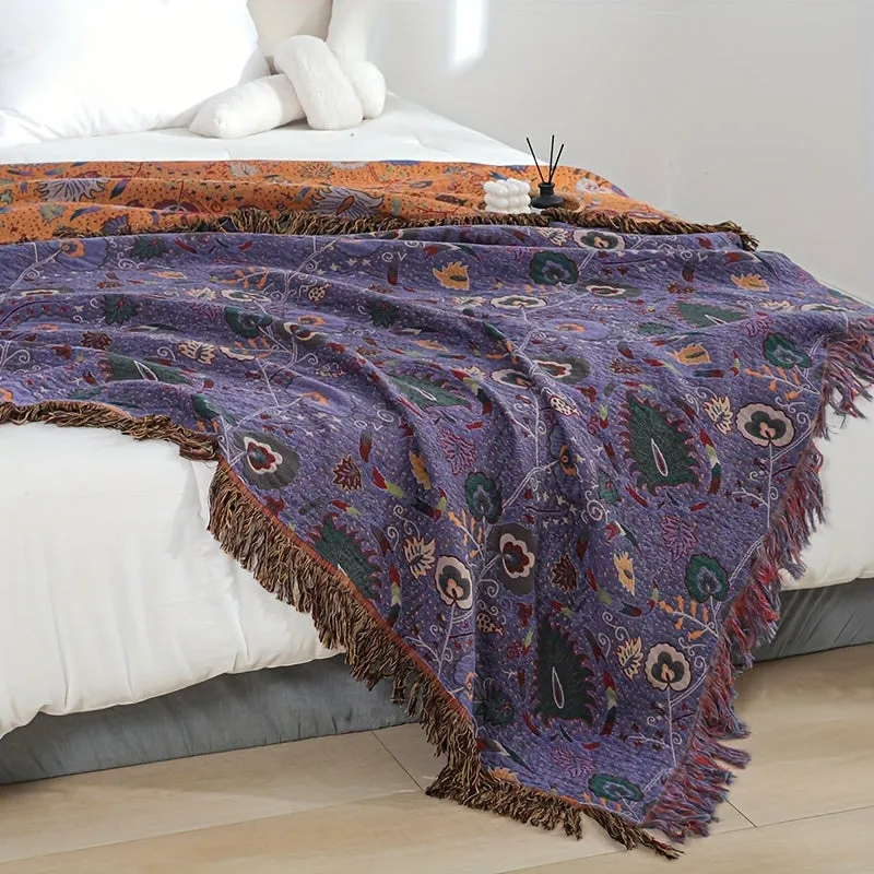 1pc Bohemian Floral Throw Blanket With Tassel, Peacock Pattern, Soft Comfort, Versatile For Napping Air Conditioning Couch Cover