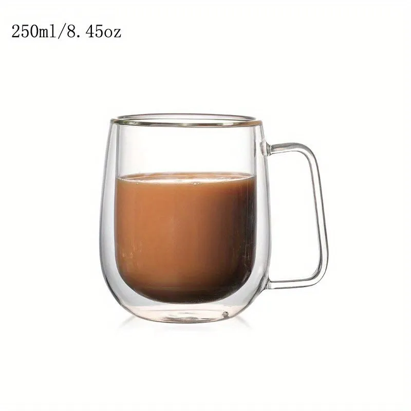 1pc Double Walled Insulated Glass Mug - Kitchen & Dining Essential for Hot and Cold Beverages - 350ml/11.84oz, 250ml/8.45oz, Borosilicate Glass, Creative Transparent Design, Durable Handle, Microwave and Dishwasher Safe