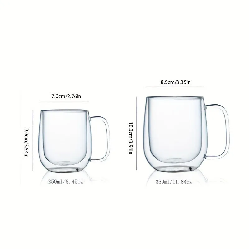 1pc Double Walled Insulated Glass Mug - Kitchen & Dining Essential for Hot and Cold Beverages - 350ml/11.84oz, 250ml/8.45oz, Borosilicate Glass, Creative Transparent Design, Durable Handle, Microwave and Dishwasher Safe