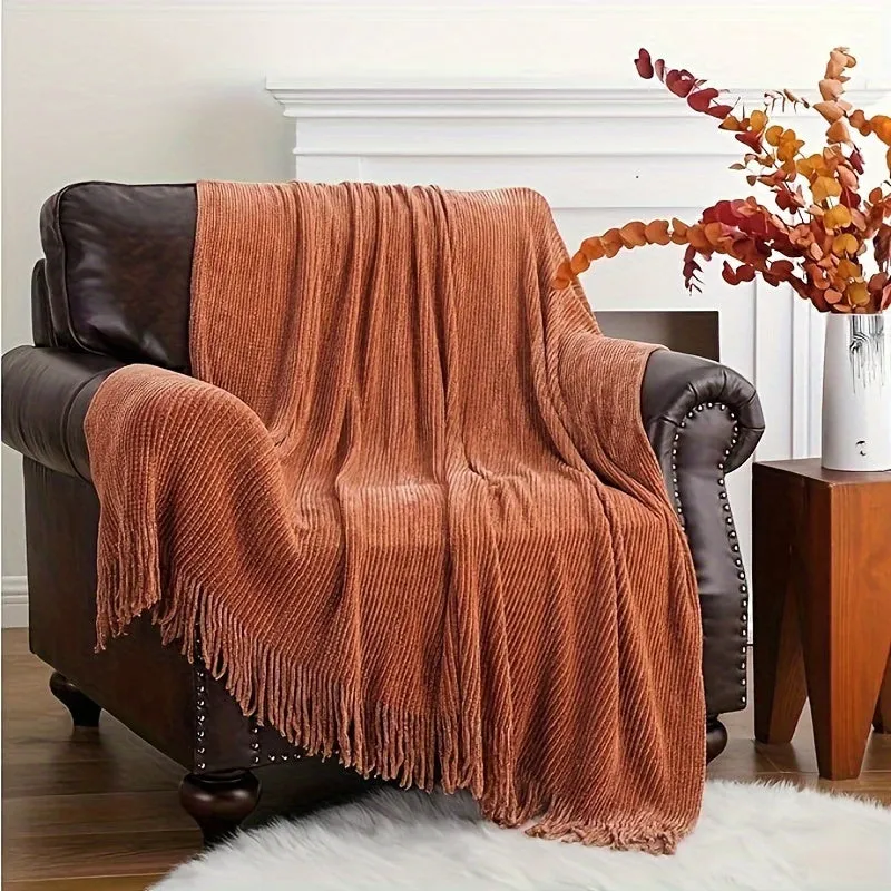 1pc Lustrous Chenille Throw Blanket - Cozy Bohemian Knit for Home Aesthetics - Super-Soft, Versatile & All-Season Luxury Couch Cover, Perfect Gift Idea