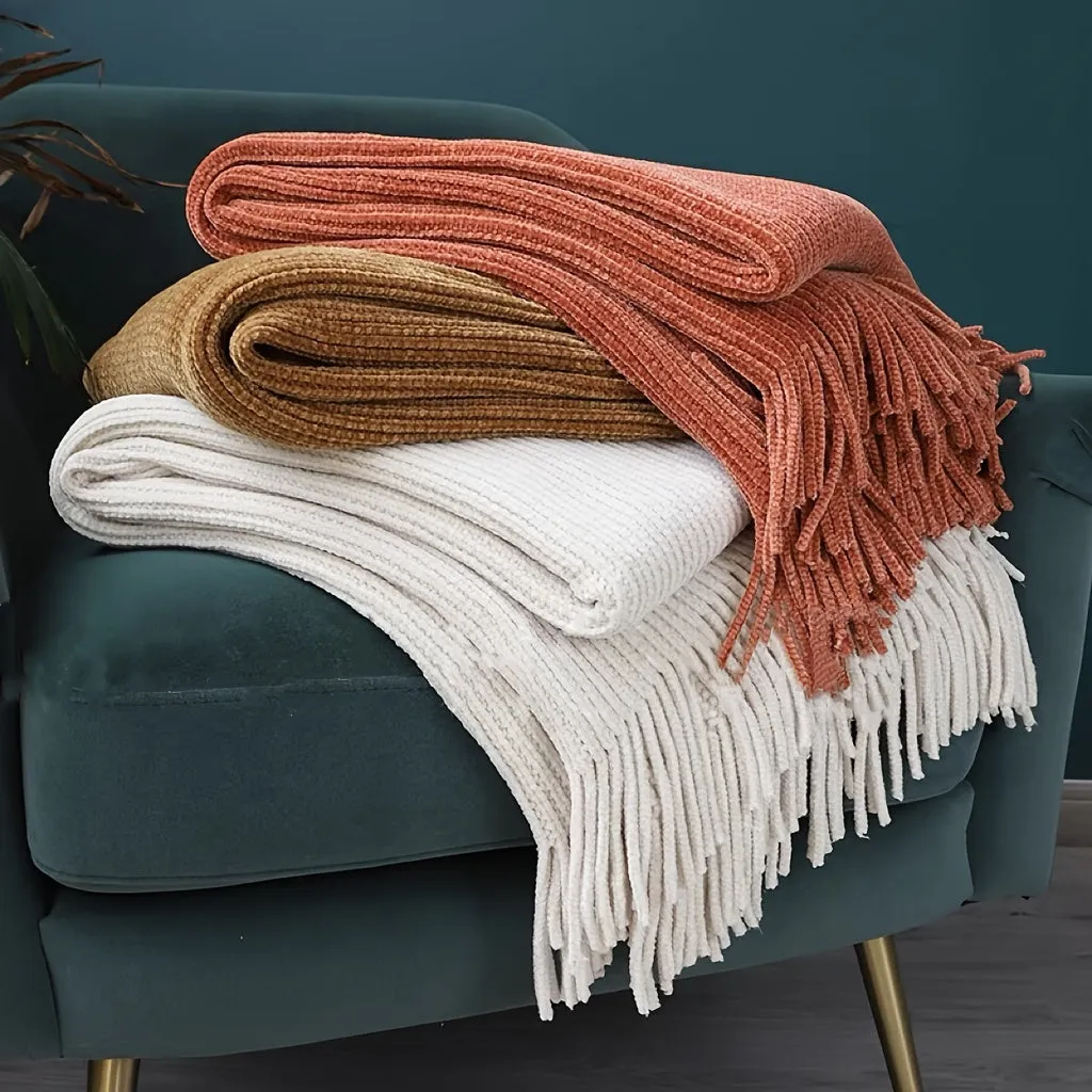 1pc Lustrous Chenille Throw Blanket - Cozy Bohemian Knit for Home Aesthetics - Super-Soft, Versatile & All-Season Luxury Couch Cover, Perfect Gift Idea