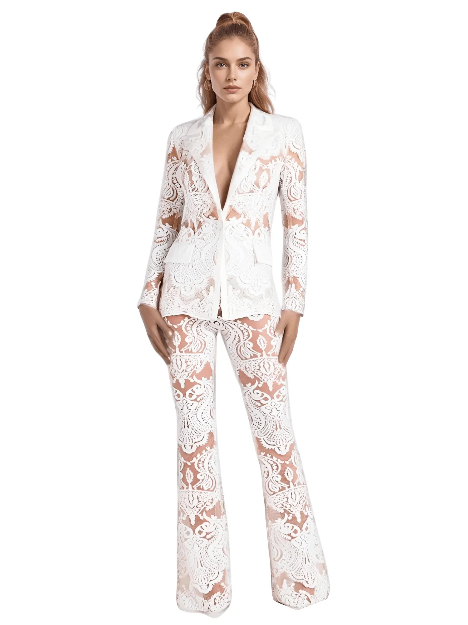 2024 Designer Runway Suit Set Women's Single Button Lace Sequined Blazer Pants Suit