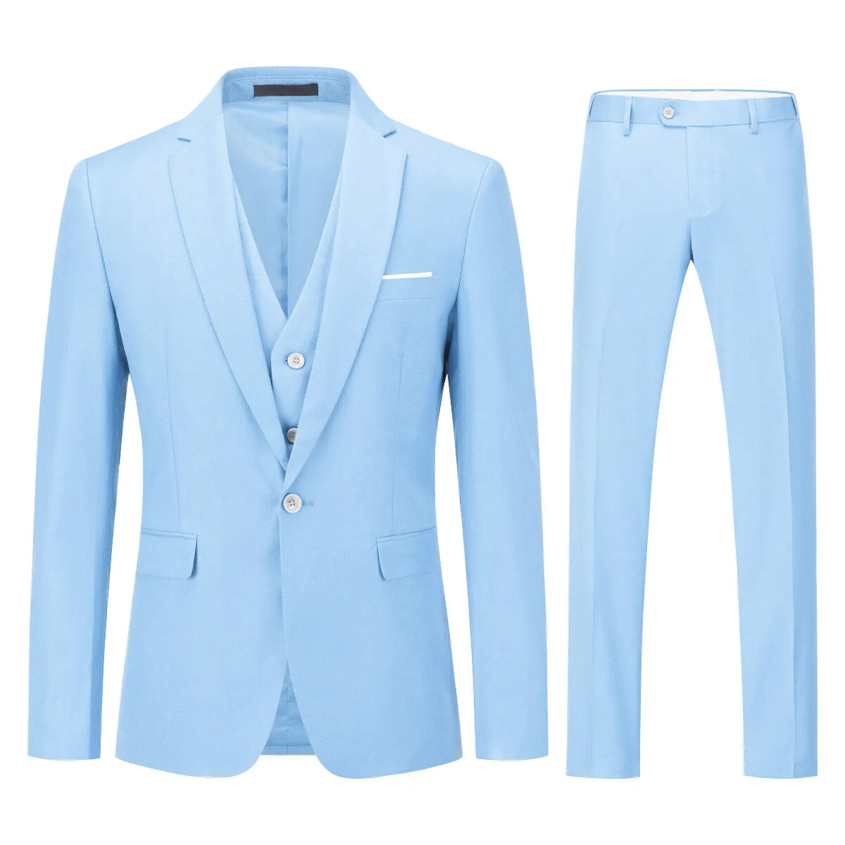 3-Piece One Button Formal Suit Light Blue Suit