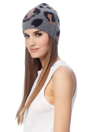 360 Cashmere - Leopard Skull Beanie Mid Heather Grey/Toffee/Black