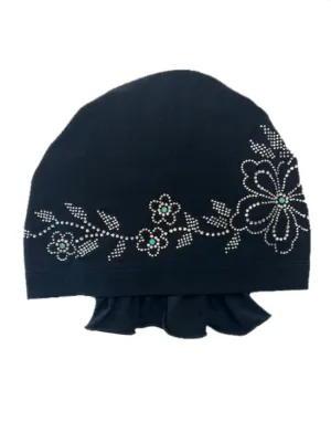 ABBEY-RS-681#The Abbey Cap Black w/Crystal Island Flower