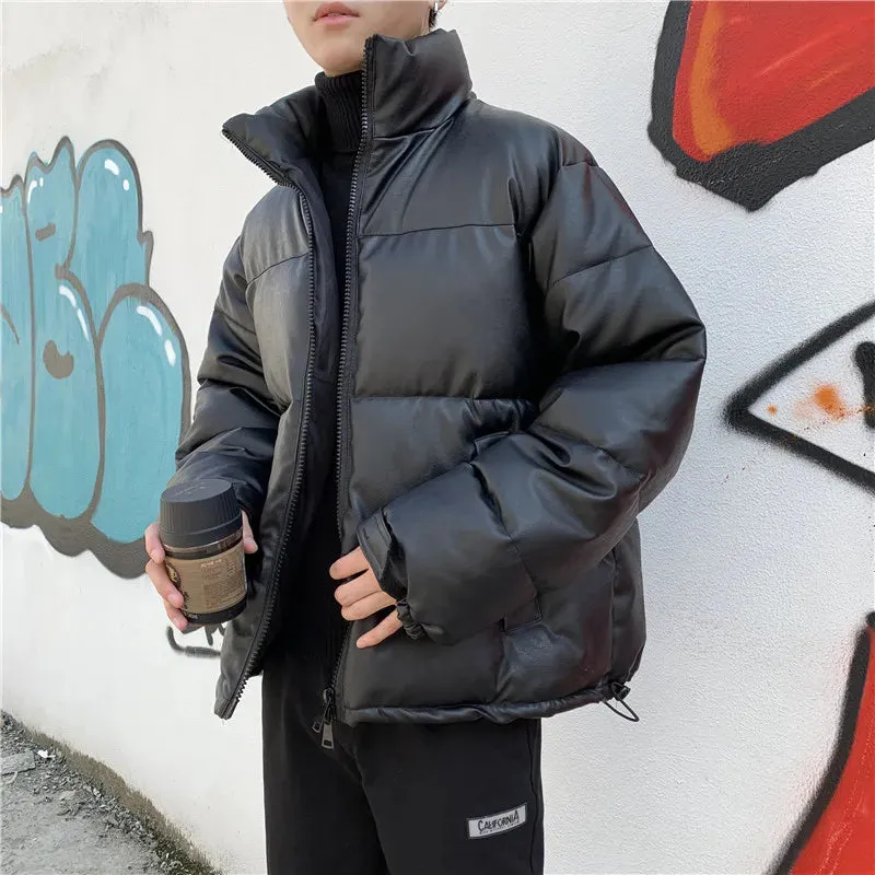 Aidase Thicken Solid Color Mens Parkas Oversized Warm Winter Leather Coats Harajuku Fashion Male Loose Cotton Padded Jackets PU Leather