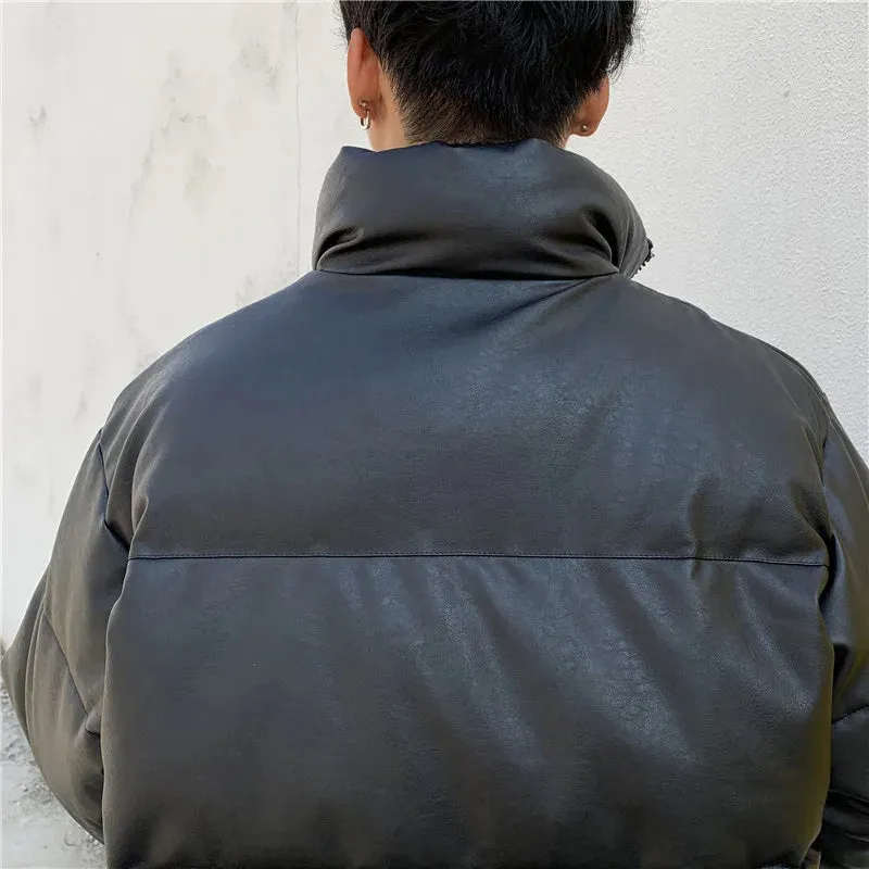 Aidase Thicken Solid Color Mens Parkas Oversized Warm Winter Leather Coats Harajuku Fashion Male Loose Cotton Padded Jackets PU Leather