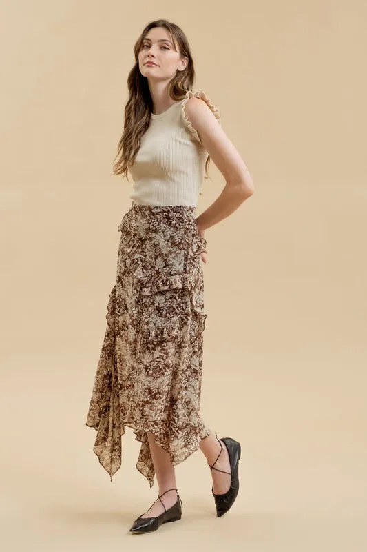 ALYSSA FLORAL RUFFLE WRAP HANDKERCHIEF MIDI SKIRT