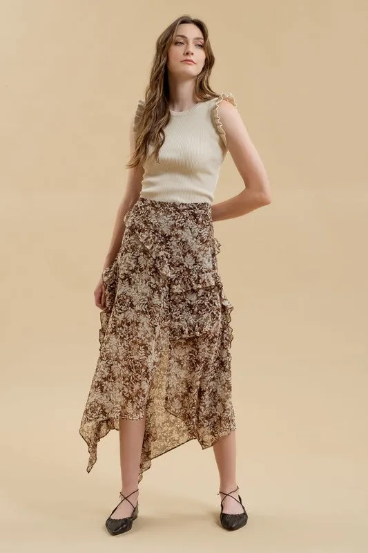 ALYSSA FLORAL RUFFLE WRAP HANDKERCHIEF MIDI SKIRT