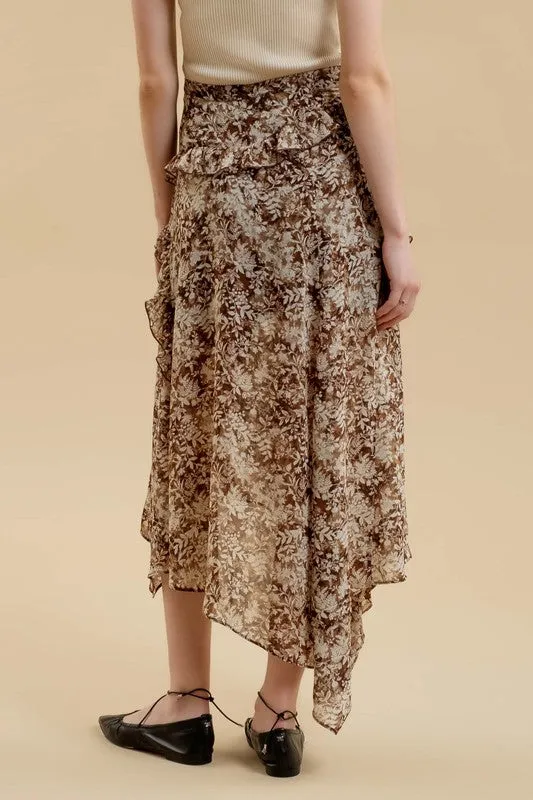 ALYSSA FLORAL RUFFLE WRAP HANDKERCHIEF MIDI SKIRT