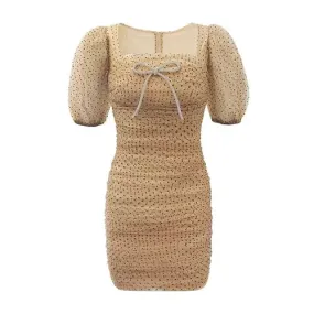 Ann Teano Dot Diamond Bow Puff Sleeve Mesh Dress