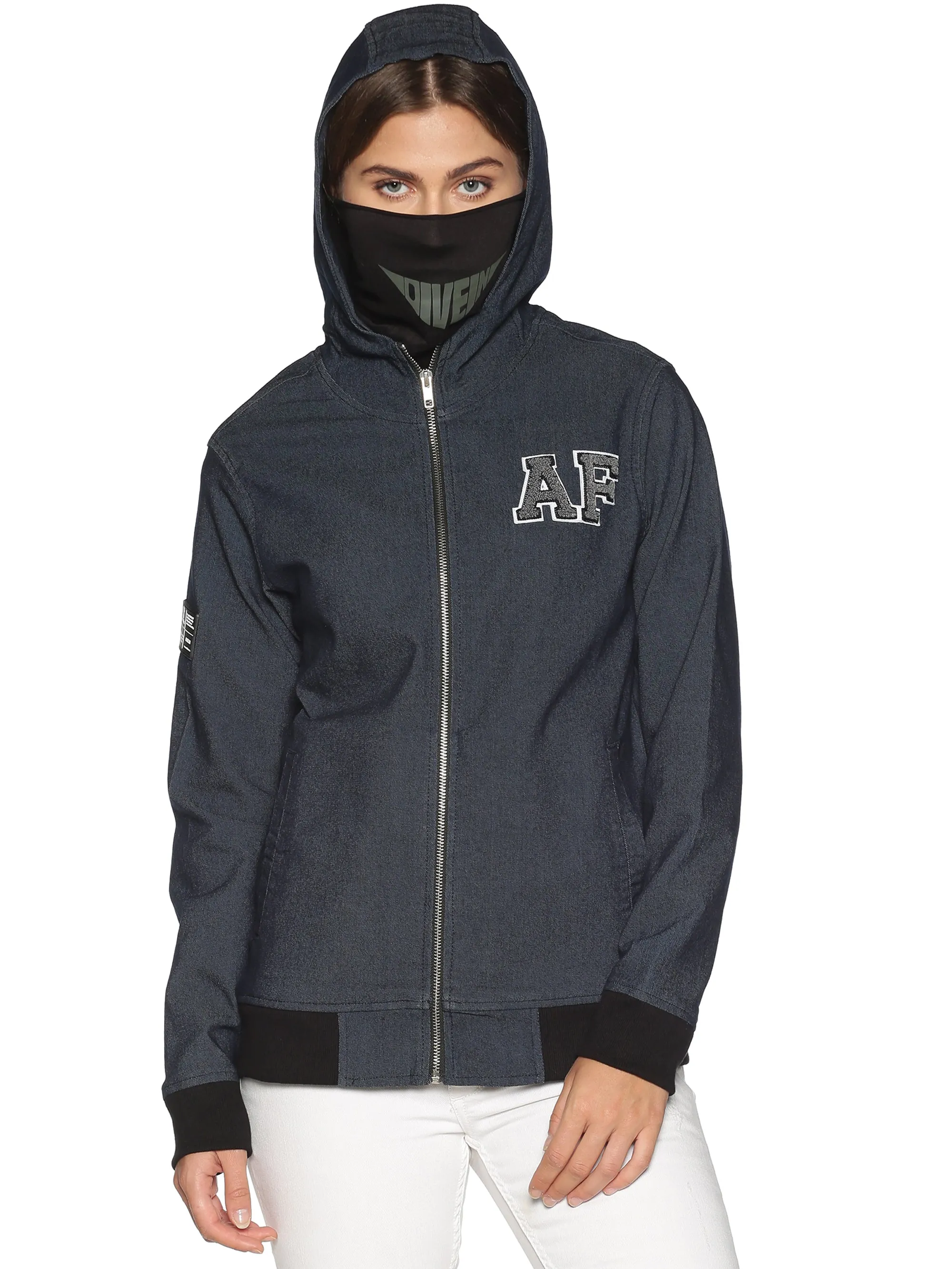 ArcticFox Female Denim Black sweatshirt with Integrated Mask & Hoodies