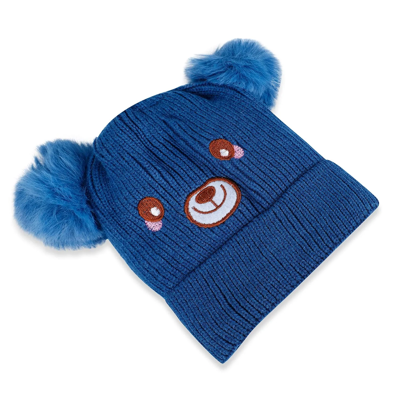 Baby Moo Bear Pom Pom Breathable Beanie Warm Knitted Woollen Cap - Blue