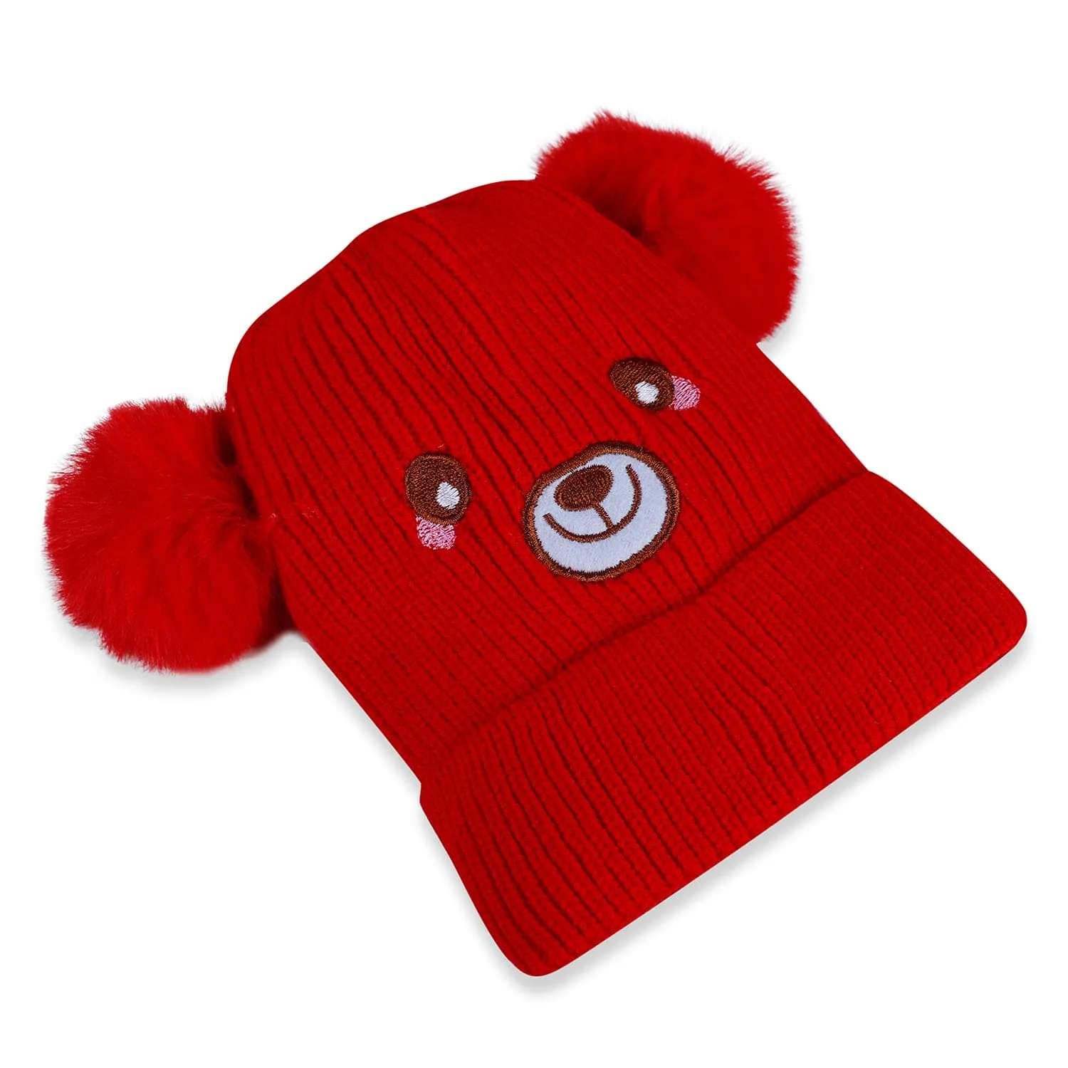 Baby Moo Bear Pom Pom Breathable Beanie Warm Knitted Woollen Cap - Red