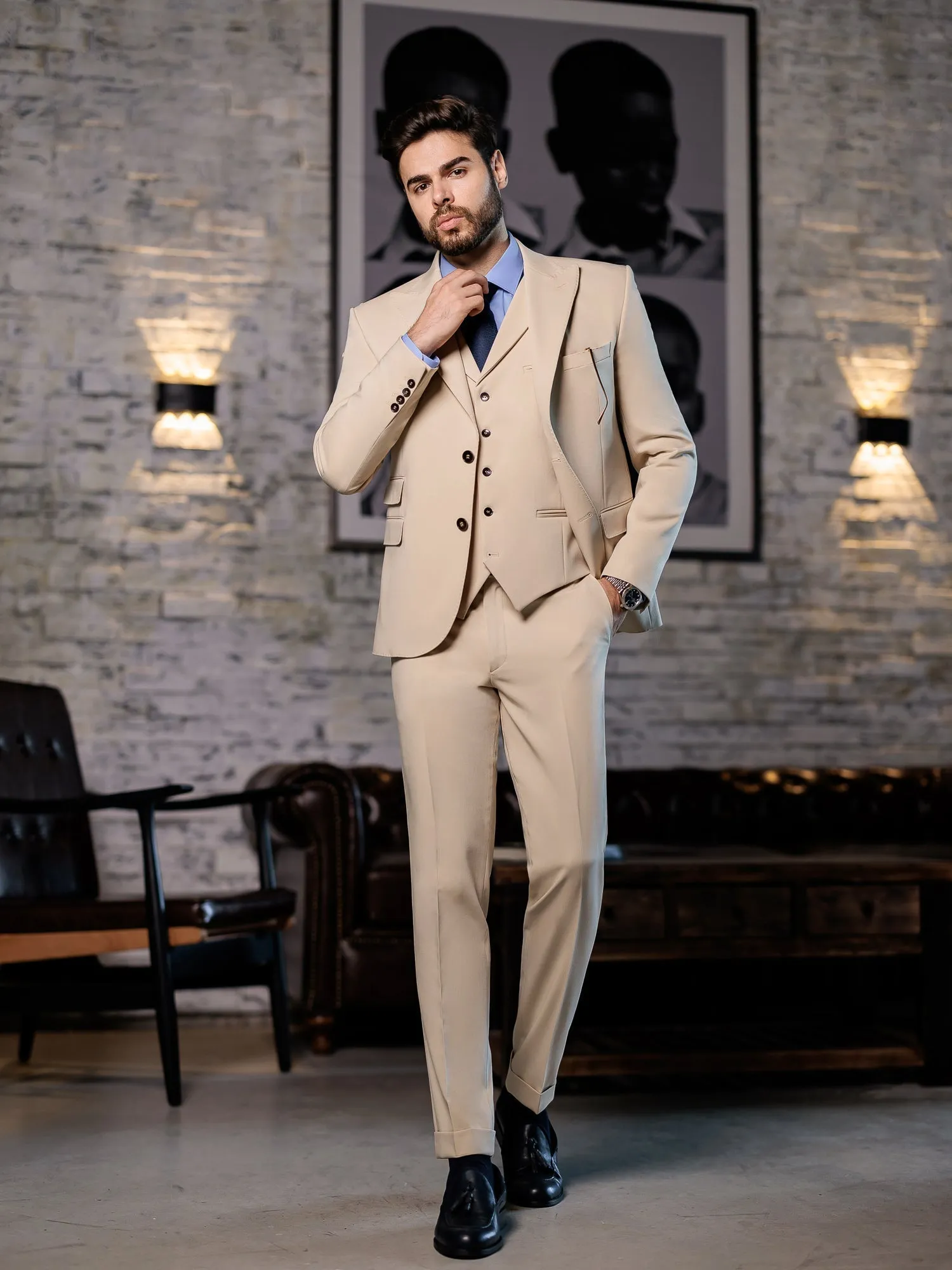 Beige Slim-Fit Suit 3-Piece