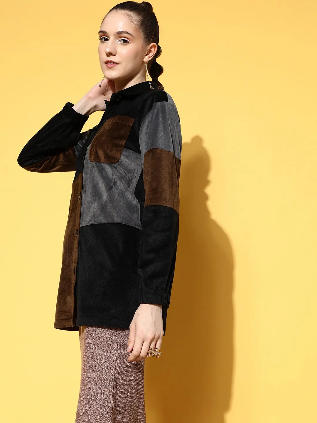 Berrylush Women Brown, Grey, & Black Colourblock Printed Spread Collar Neck Button Front Jacket