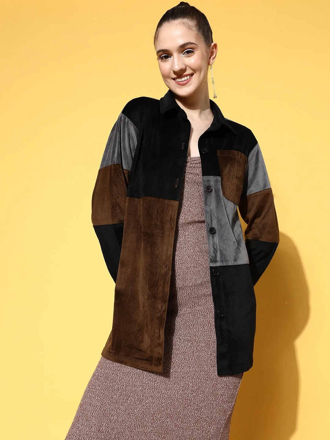 Berrylush Women Brown, Grey, & Black Colourblock Printed Spread Collar Neck Button Front Jacket