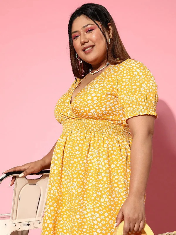 Berrylush Women Plus Size Yellow & White Floral Printed V-Neck Crepe Smocked Fit & Flare Midi Dress