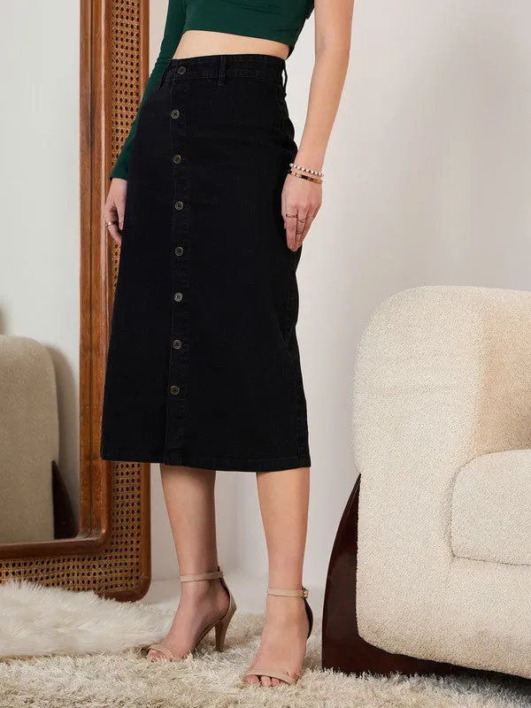 Berrylush Women Solid Black High-Rise Waist Denim Button Front Straight Hem Knitted Midi Skirt