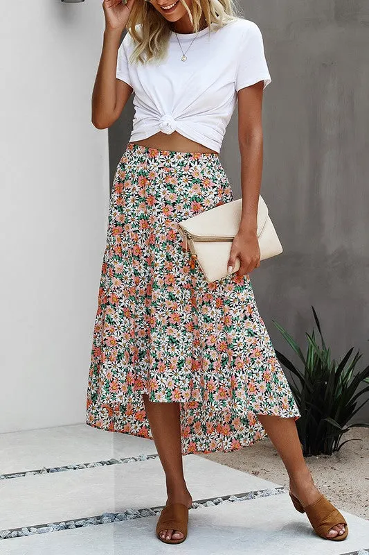 Black Floral Ruffle Swing Midi Skirt