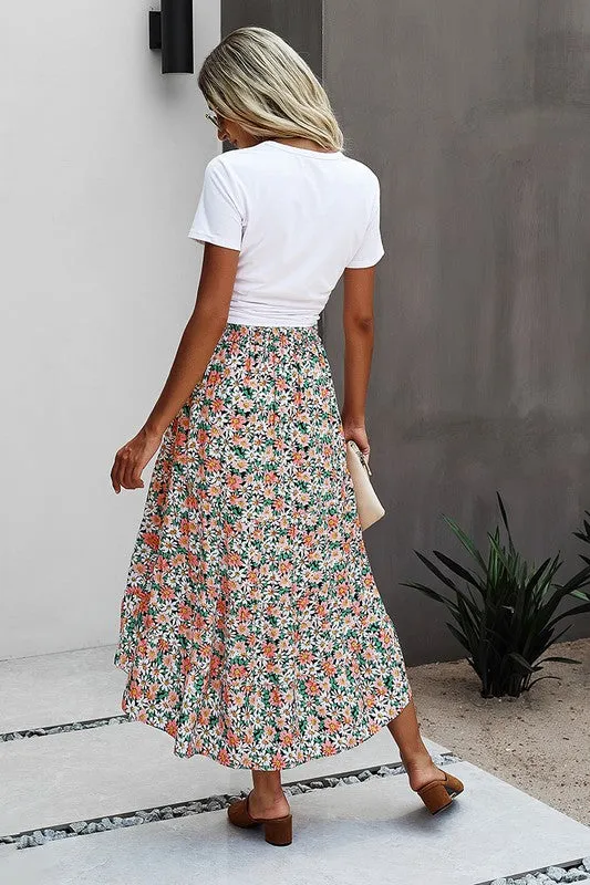 Black Floral Ruffle Swing Midi Skirt