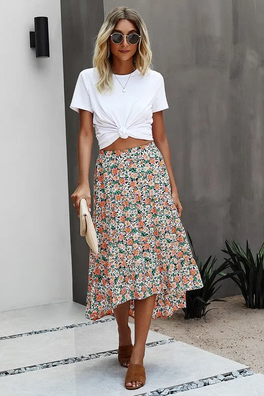 Black Floral Ruffle Swing Midi Skirt