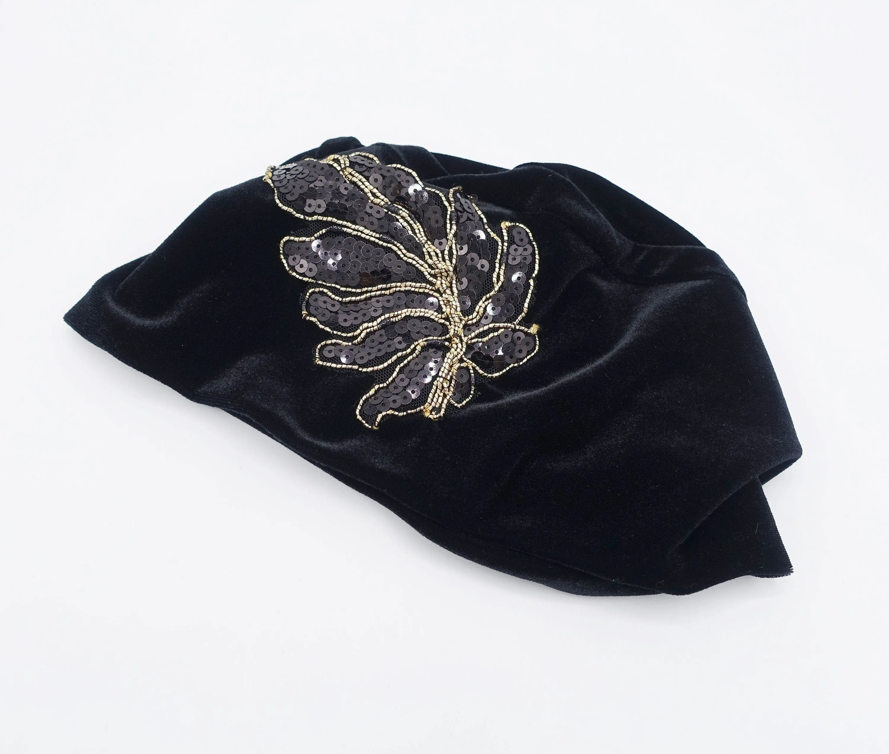 black velvet beanie, sequin leaf embellished hat, stretchable fashion hat for women