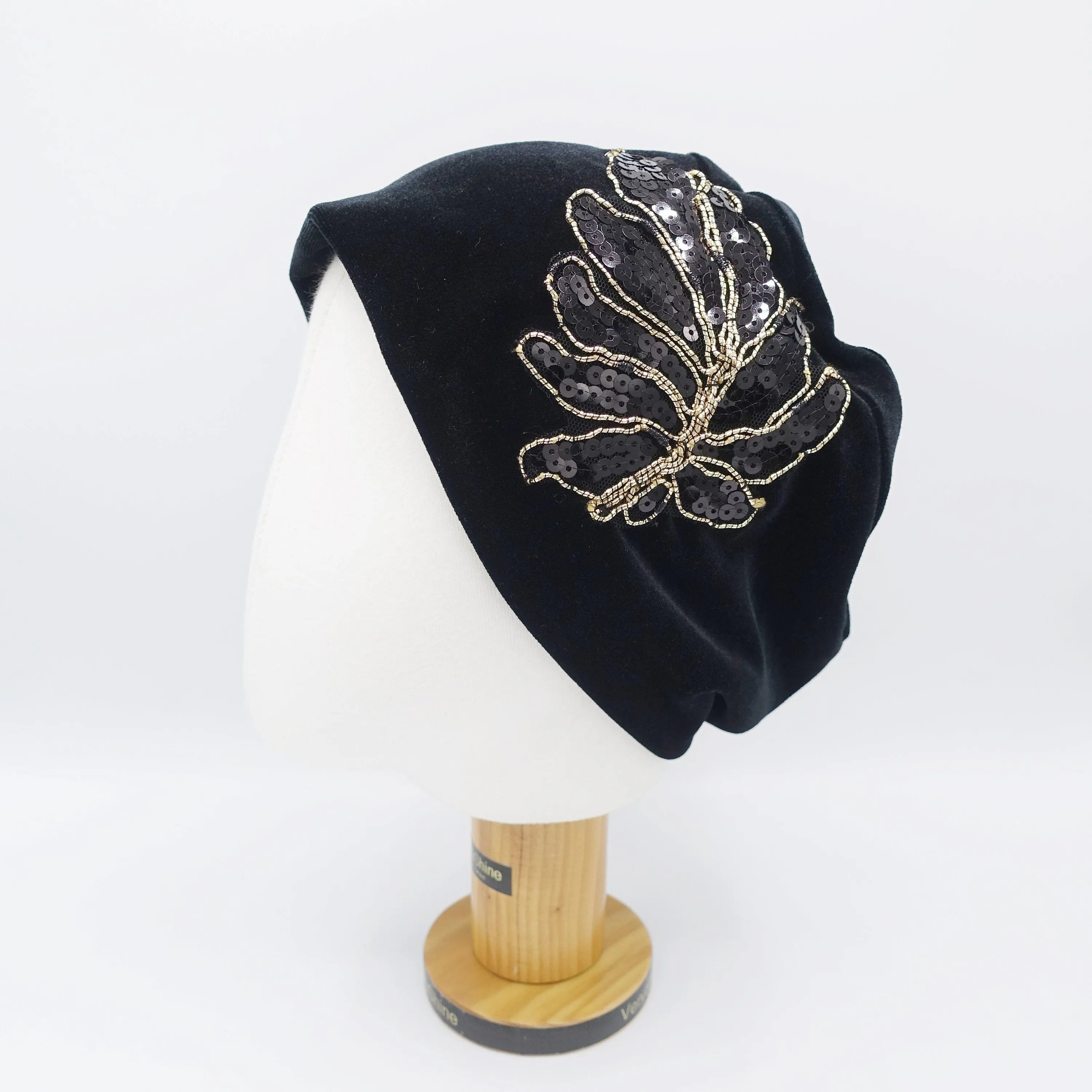 black velvet beanie, sequin leaf embellished hat, stretchable fashion hat for women