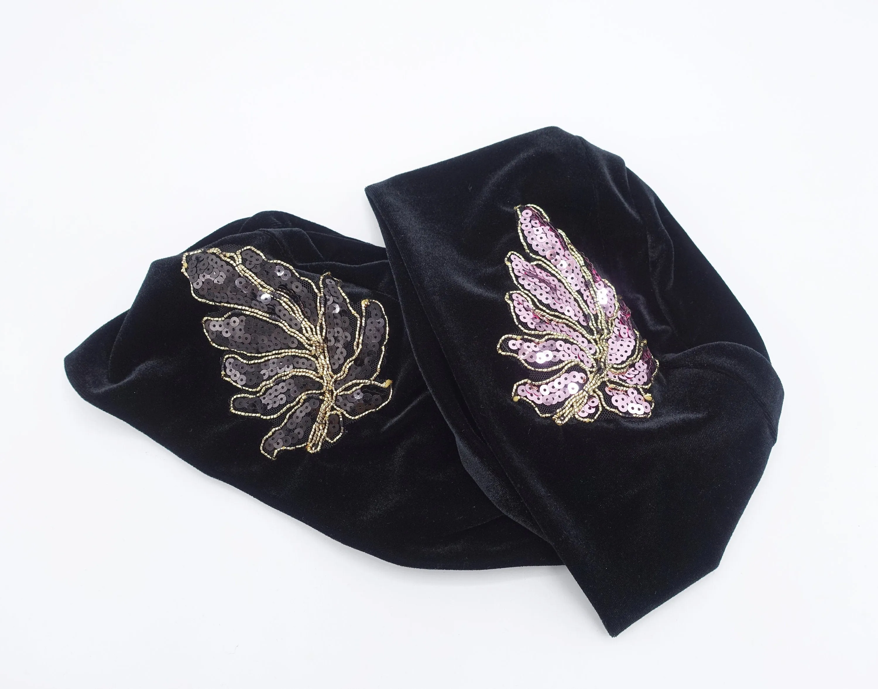 black velvet beanie, sequin leaf embellished hat, stretchable fashion hat for women