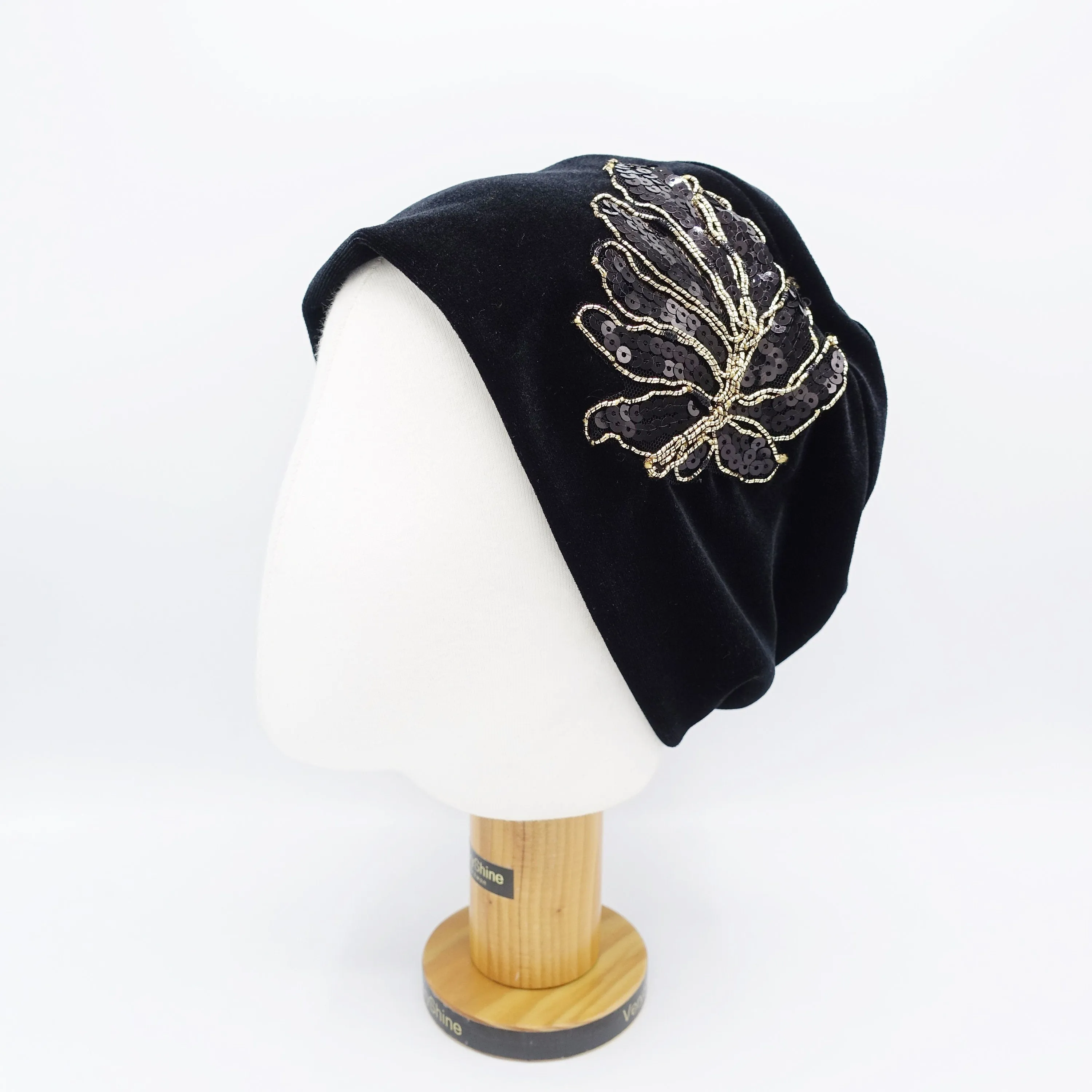 black velvet beanie, sequin leaf embellished hat, stretchable fashion hat for women