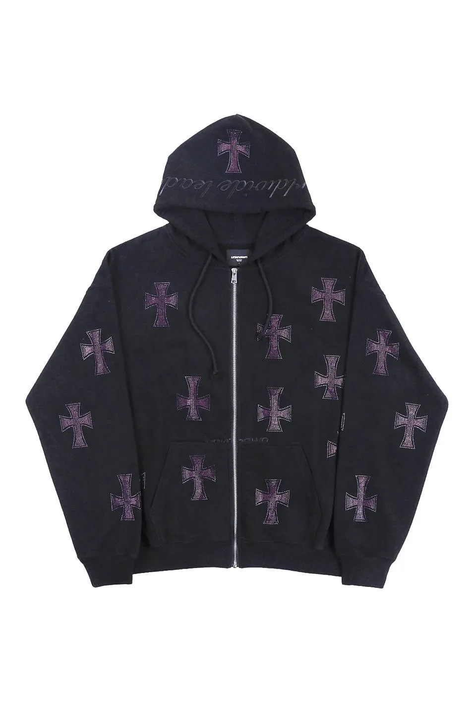 Black x Purple Rhinestone Cross Zip Hoodie