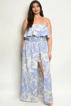 Blue Cold Shoulder Floral Plus Size Romper Maxi Dress