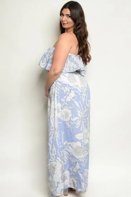 Blue Cold Shoulder Floral Plus Size Romper Maxi Dress