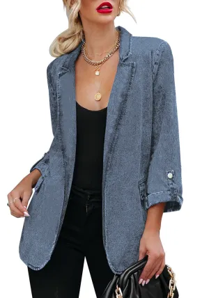 Blue Lapel Collar Flap Pockets Open-Front Denim Blazer