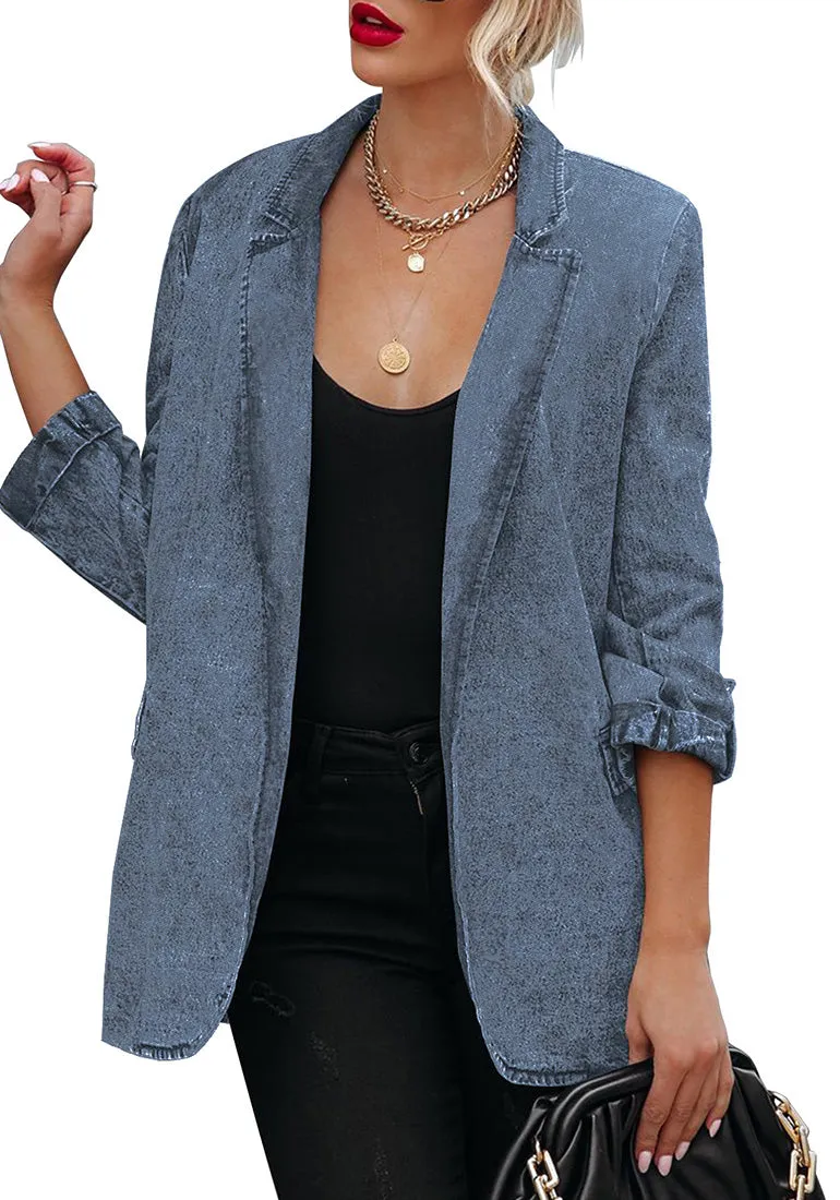 Blue Lapel Collar Flap Pockets Open-Front Denim Blazer