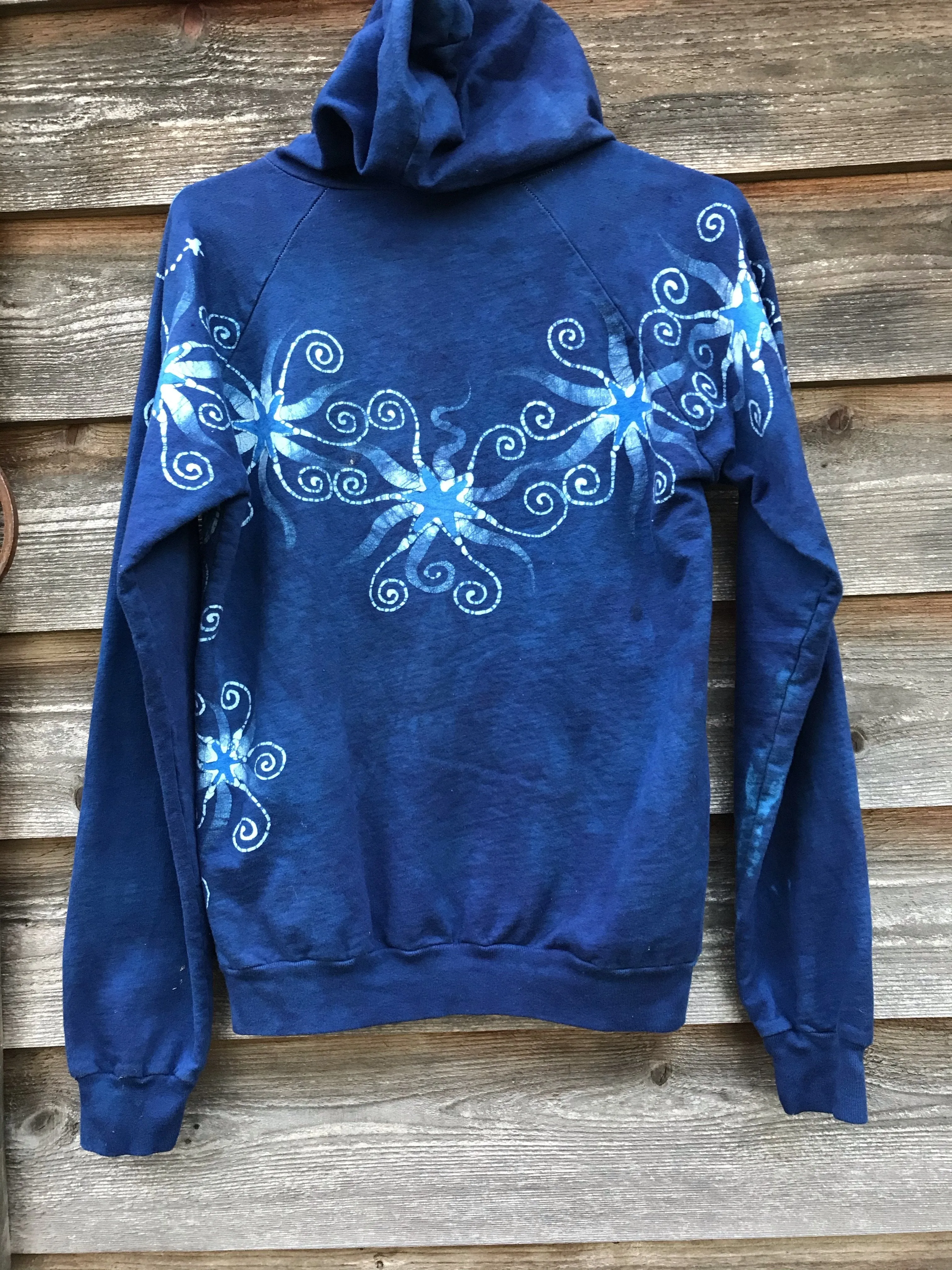 Blue Rain Moonpower Pullover Batik Hoodie - Handcrafted In Organic Cotton - Size Small ONLY