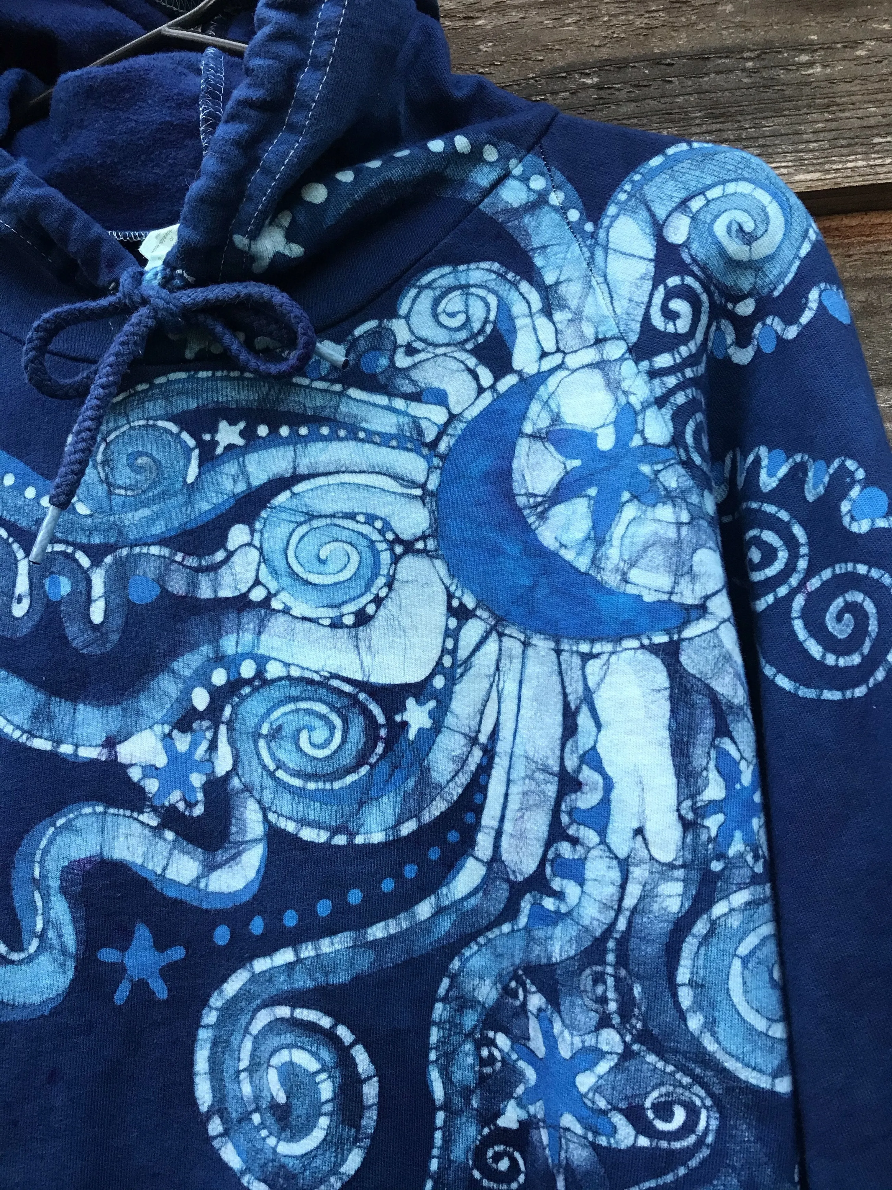 Blue Rain Moonpower Pullover Batik Hoodie - Handcrafted In Organic Cotton - Size Small ONLY