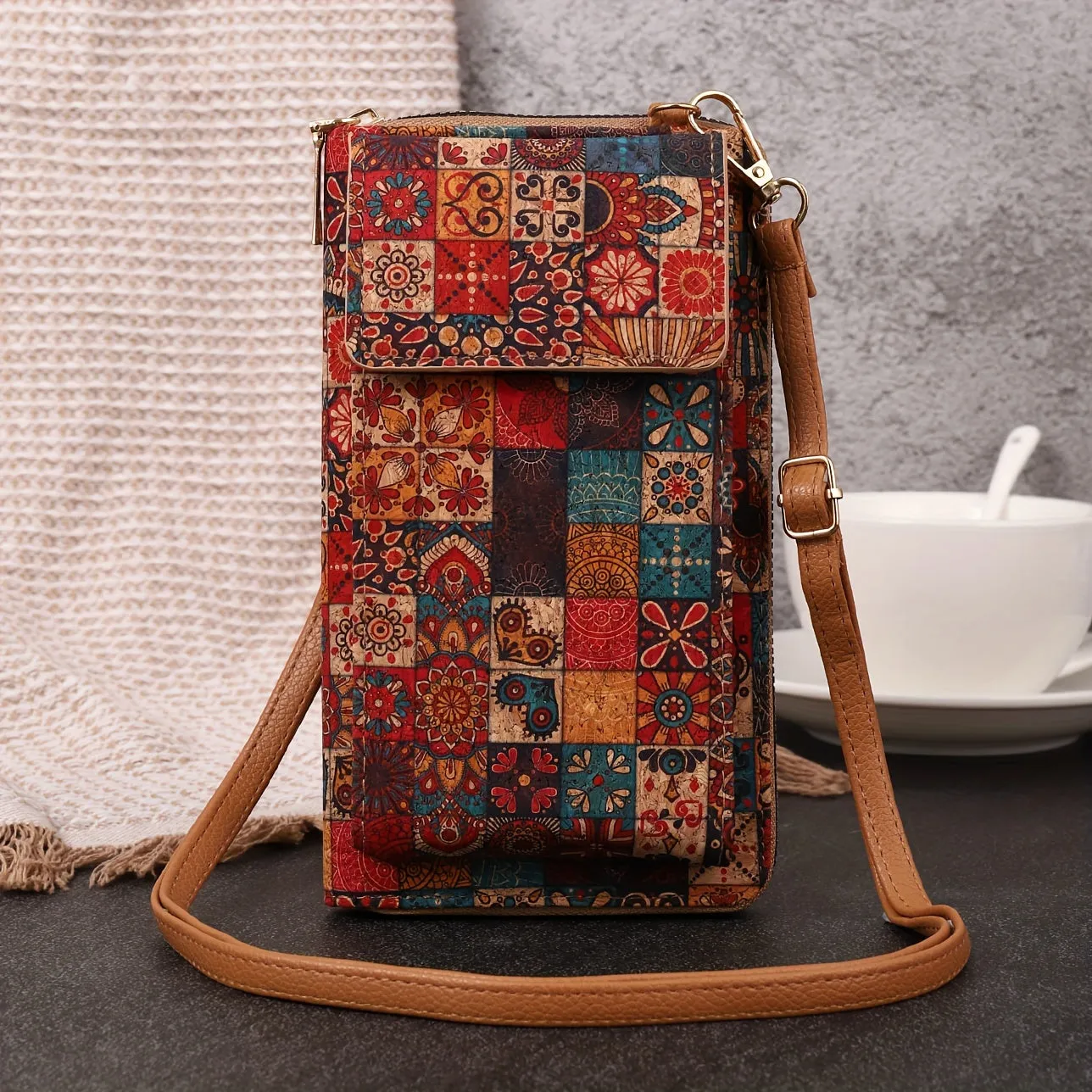 Bohemian Floral Pattern Wallet, Retro Vegan Leather Coin Purse, Women's Crossbody Mobile Phone Bag