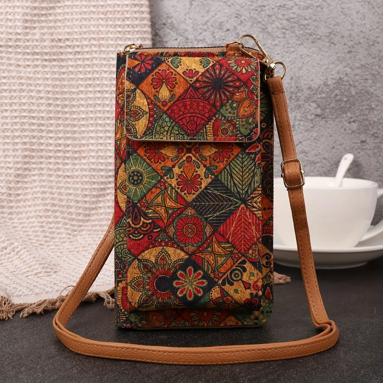 Bohemian Floral Pattern Wallet, Retro Vegan Leather Coin Purse, Women's Crossbody Mobile Phone Bag