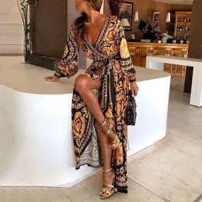 Bohemian Gold Puff Sleeve Party Dress