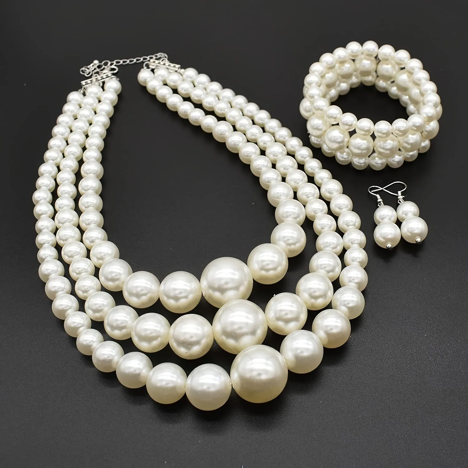 Bohemian Luxury Multi-Layer Faux Pearl Jewelry Set, Vintage 3-Piece Festive Gift Set with Necklace, Bracelet, and Earrings