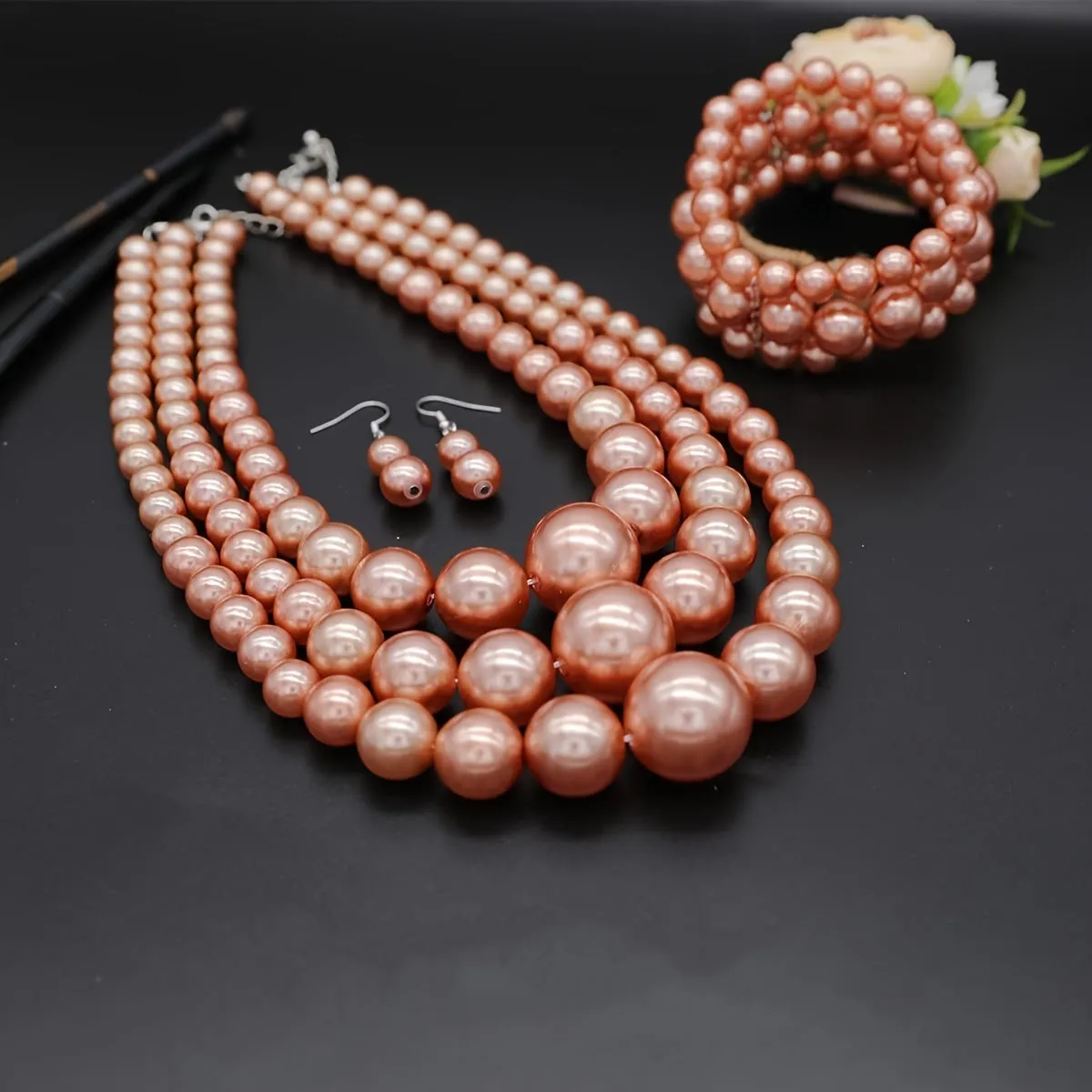 Bohemian Luxury Multi-Layer Faux Pearl Jewelry Set, Vintage 3-Piece Festive Gift Set with Necklace, Bracelet, and Earrings