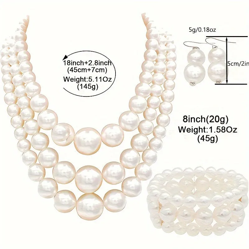 Bohemian Luxury Multi-Layer Faux Pearl Jewelry Set, Vintage 3-Piece Festive Gift Set with Necklace, Bracelet, and Earrings