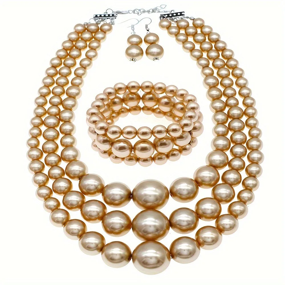 Bohemian Luxury Multi-Layer Faux Pearl Jewelry Set, Vintage 3-Piece Festive Gift Set with Necklace, Bracelet, and Earrings