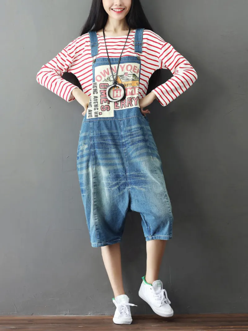 Bohemian Style Short Patch Denim Overalls