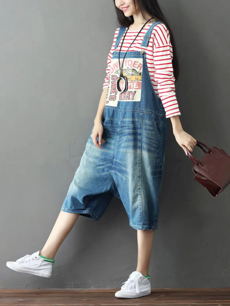 Bohemian Style Short Patch Denim Overalls